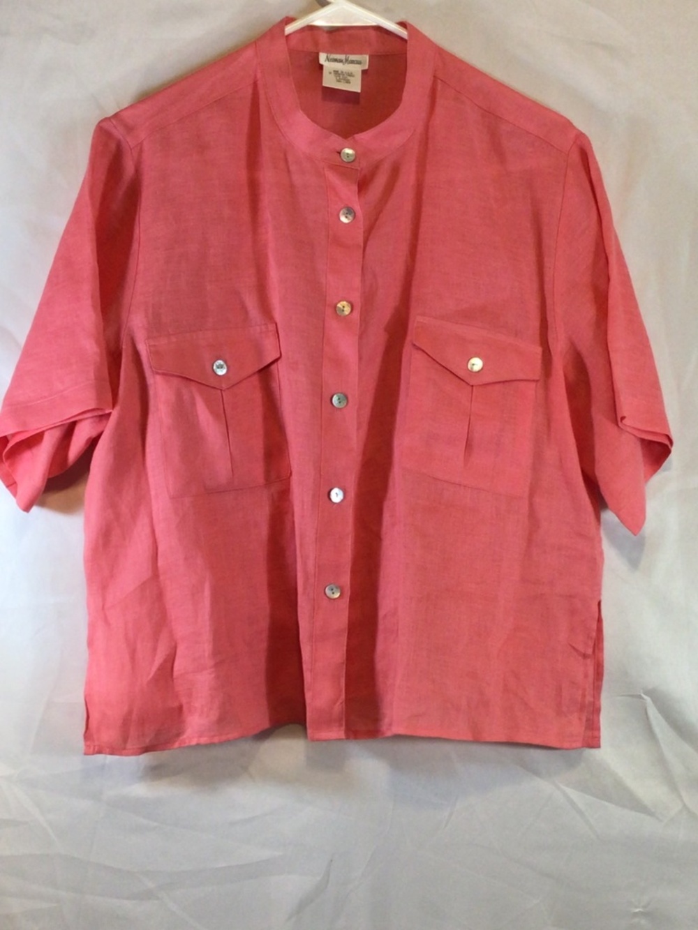 vintage neiman marcus women blouse L 100% linen pockets resort wear old money